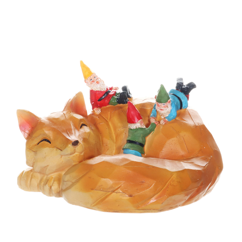 Solar Wood Like Fox with Gnomes Garden Statuary, 6 by 10 Inches