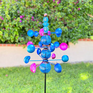 Three Tier Wind Spinner Garden Stake with Glass Crackle Balls in Blue, 14 by 48 Inches | Shop Garden Decor by Exhart