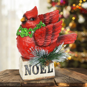 Hand Painted Christmas Cardinal with LED Garland on Noel Sign Statuary with a Battery Powered Timer, 8.5  Inch | Exhart