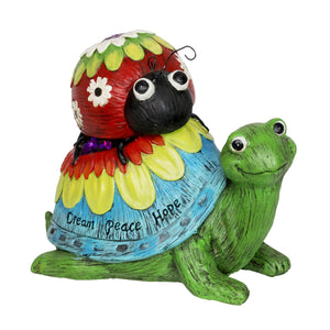 Colorful Garden Turtle and Ladybug Statue with Message of Dream Peace and Love, 9 Inch | Shop Garden Decor by Exhart