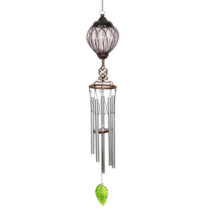Solar Metal Wire and Glass Wind Chime in Lavender with Linking Oval Pattern and Nine LED Fairy Firefly String Lights, 6  by 32 Inches | Exhart