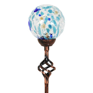 Solar Pearlized Honeycomb Glass Ball Garden Stake with Metal Finial in Light Blue, 4 by 31 Inches | Exhart