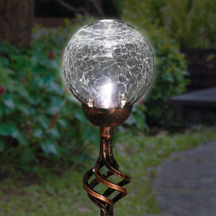 Solar Crackle Glass Ball Garden Stake with Metal Finial in Clear, 4 by 31 Inches
