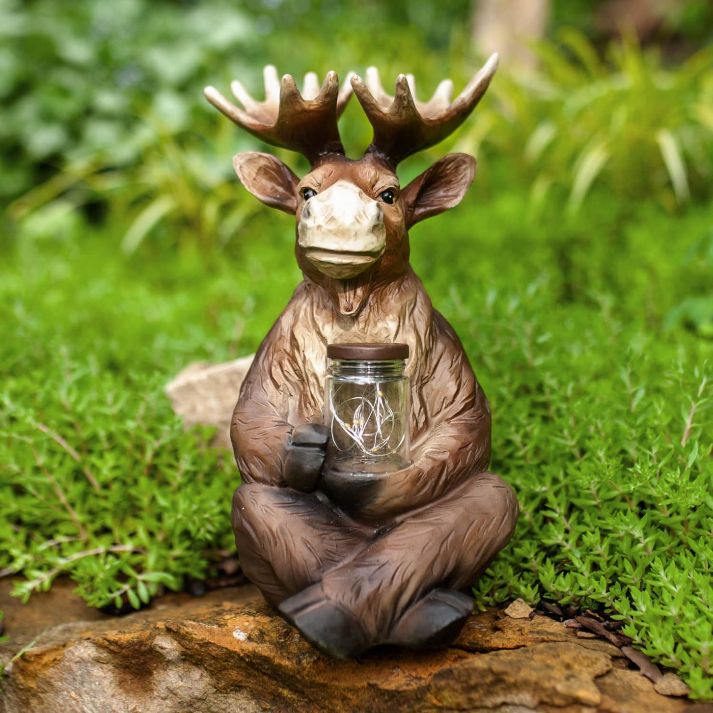 Solar Moose Garden Statue Holding a Glass Jar with Eight LED Firefly ...