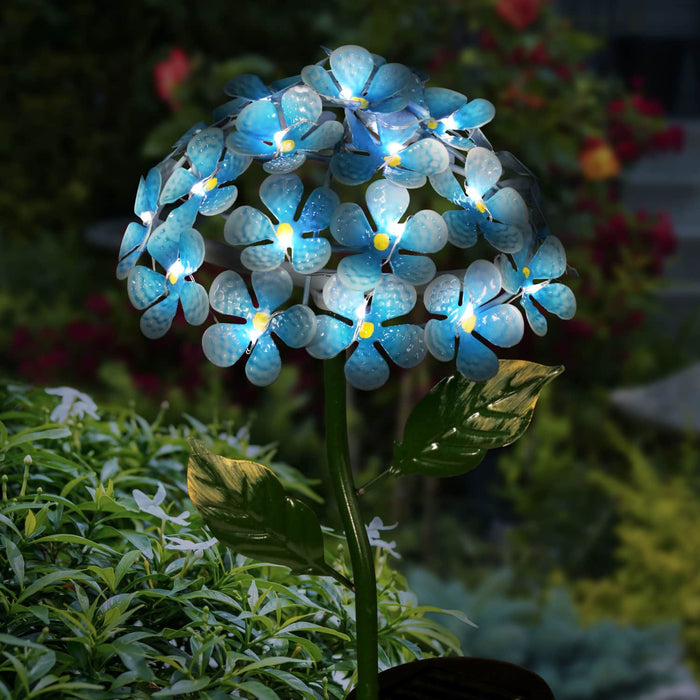 Solar Metal Hydrangea Garden Stake in Turquoise with Twenty Six LED lights, 7 by 21 Inches