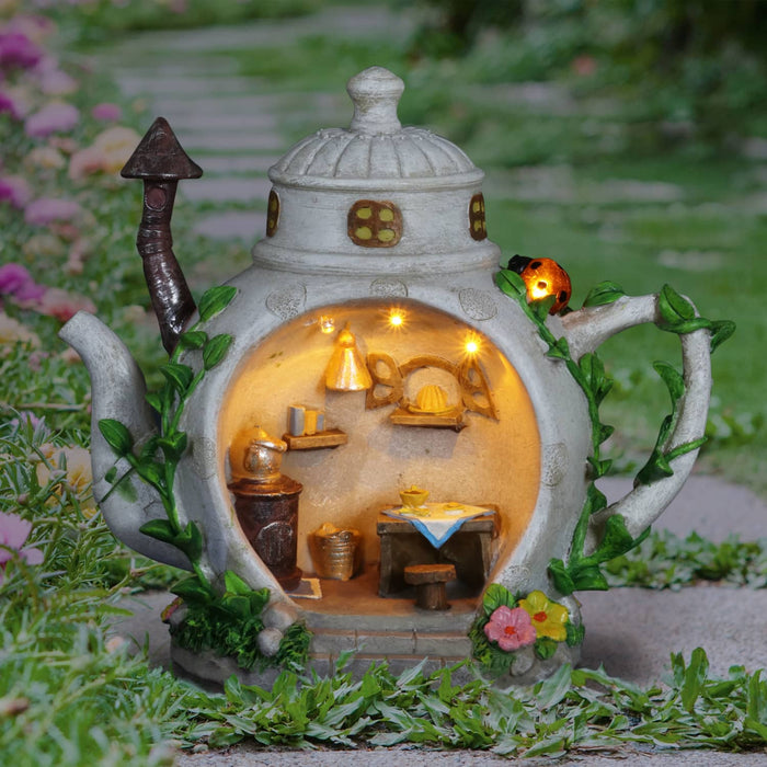 Solar Teapot House with Kitchen Scene Garden Statue, 6 by 9 Inches