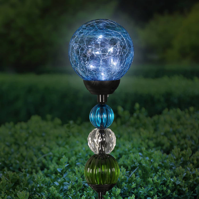 Solar Blue Crackle Glass Ball Garden Stake with Six LED Lights and Bead Details, 4 by 30 Inches