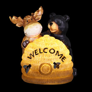 Solar Hand Painted Welcome Bee Hive Statuary with Bear and Moose, 8.5 by 8.5 Inches | Shop Garden Decor by Exhart