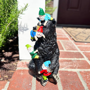 Bear Garden Statue with Gnomes, Hand Painted, UV-Treated Resin, 6.5 x 12 Inches | Shop Garden Decor by Exhart