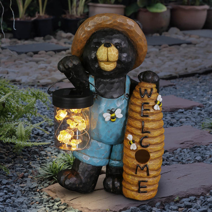 Solar Hand Painted Bear with a Lantern Jar of LED Bumblebees and a Welcome Beehive Garden Statue, 7.5 by 12.5 Inches
