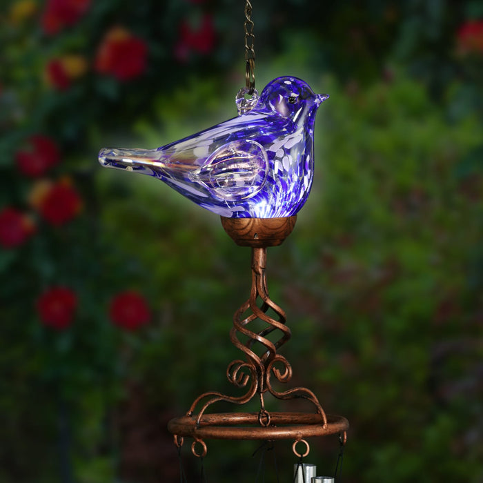 Solar Hand Blown Pearlized Glass Bird Wind Chime in Blue, 7 by 44 Inches