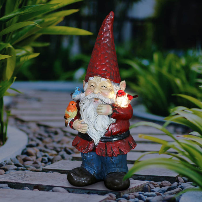 Solar Bird Whispering Waldo Gnome Statue with LED Birds, 11.75 Inch