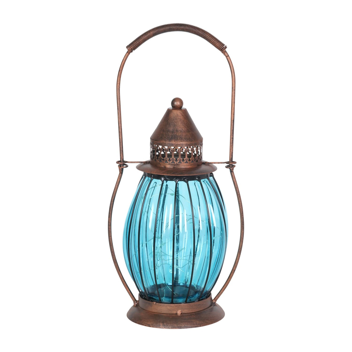 Exhart Solar Hanging Lantern, Handblown Blue Glass – Round Hanging Lantern  Light w/ 12 LED Firefly String Lights, Metal & Glass Lantern Decorative Orb