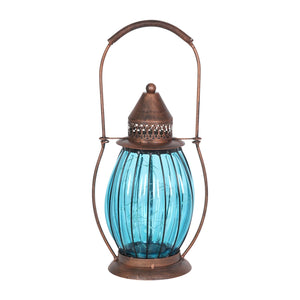 Solar Antique Metal and Sea Blue Glass Accent Lantern with Fifteen LED Firefly String Lights, 7 by 14 Inches | Exhart