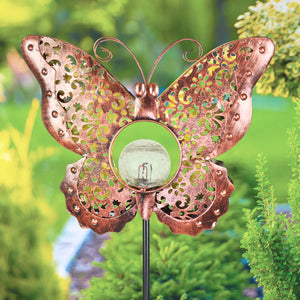 Solar Fleur de Lis Filigree Metal Butterfly Stake with Glass Crackle Ball Center in Bronze, 11.5 by 39 Inches | Exhart