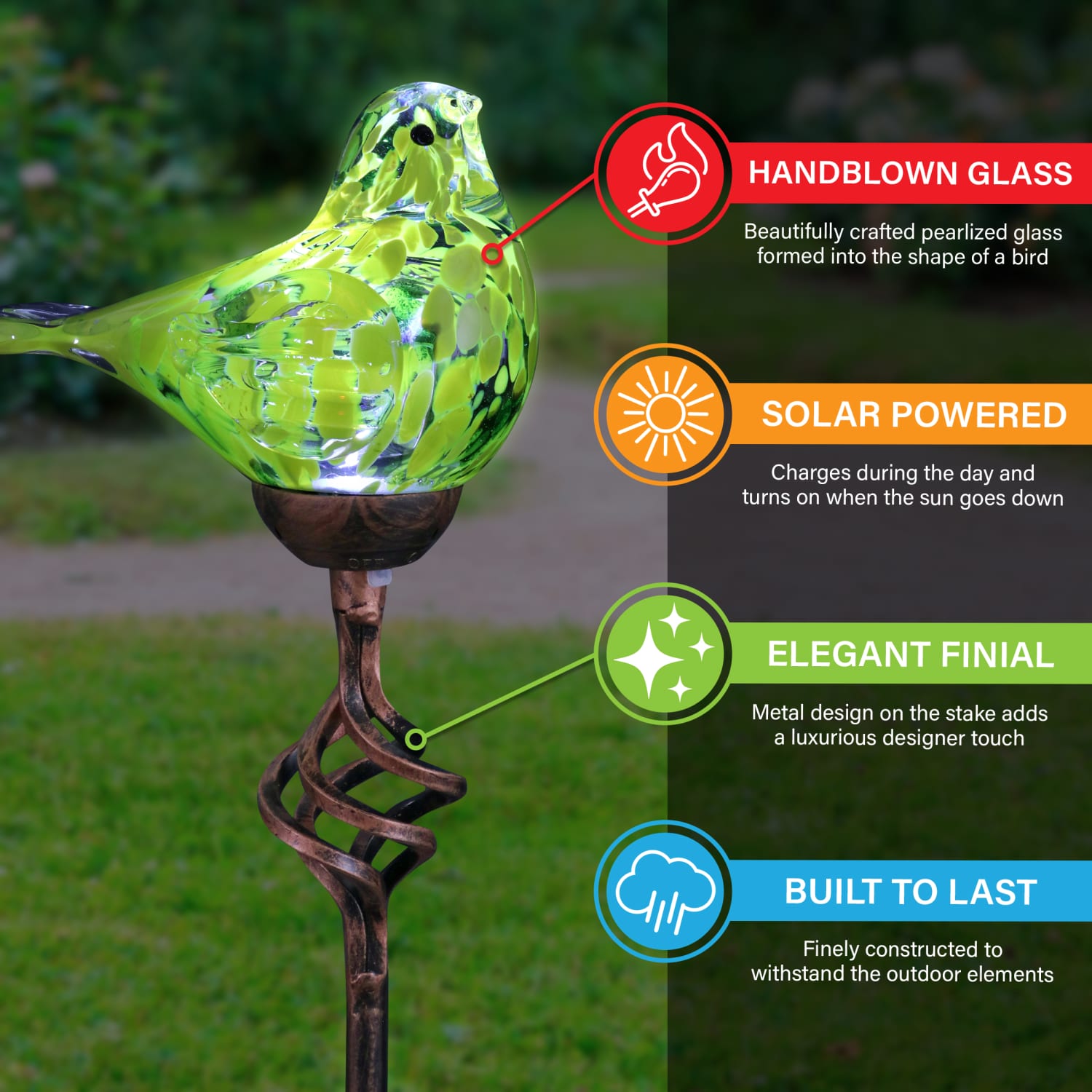 Solar Hand Blown Glass Bird Garden Stake in Yellow, 6 by 31 Inches | Shop Garden Decor by Exhart