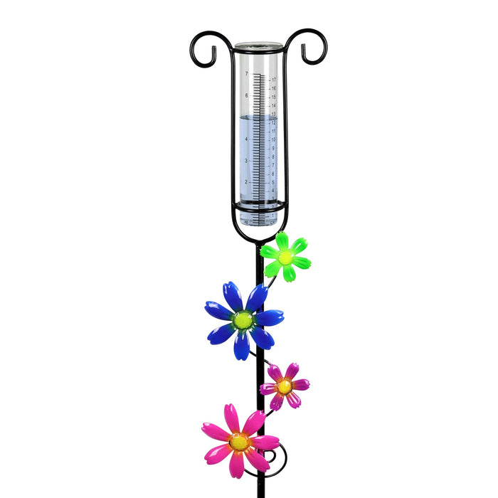 Glass and Metal Rain Gauge Garden Stake with Multicolored Hand Painted Pink, Blue, Purple and Green Flowers, 42 Inches