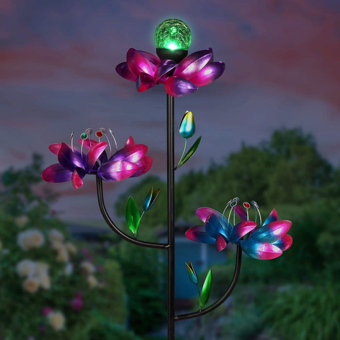 Triple Kinetic Flower Wind Spinner Garden Stake with Solar Color Changing Crackle Glass Ball, 21 by 70 Inches