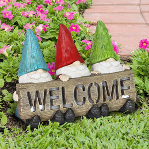 Solar Welcome Sign Held by Three Garden Gnomes Statuary, 13 by 8.5 Inches | Shop Garden Decor by Exhart