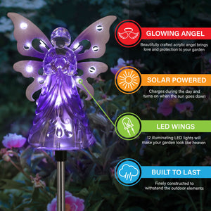 Solar Acrylic Angel with Wings and Twelve LED lights Metal Garden Stake in Purple, 4 by 34 Inches | Exhart