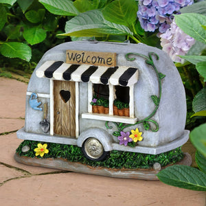 Solar Hand Painted Camping Trailer Statue with Welcome Sign, 5 by 6 Inches | Shop Garden Decor by Exhart