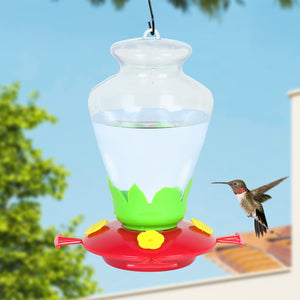 Hanging Hummingbird Feeder, Green Grass Detail, Classic Red Base with Yellow Flowers, Durable Plastic Design, 7.5 x 7.5 x 9 Inches | Exhart