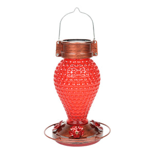 Solar Hanging Hummingbird Feeder with Illuminating Scarlet Glass, Bronze Metal Top and Base, 6.5 x 6.5 x 9.5 Inches | Exhart