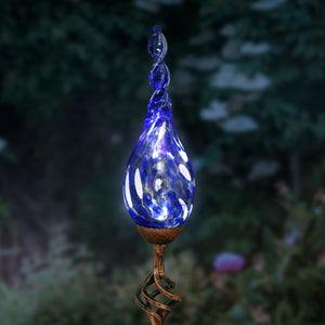 Solar Hand Blown Pearlized Blue Glass Twisted Flame Garden Stake with Finial, 36 Inch | Shop Garden Decor by Exhart