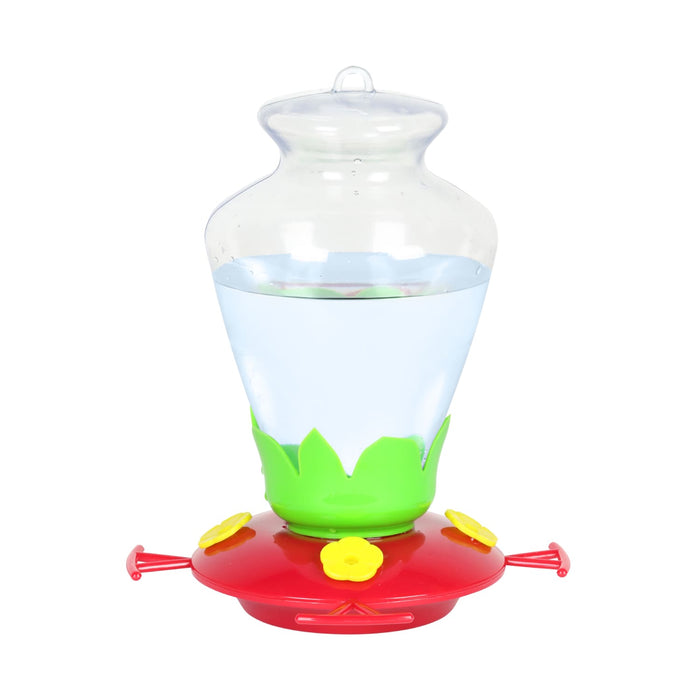 Hanging Hummingbird Feeder, Green Grass Detail, Classic Red Base with Yellow Flowers, Durable Plastic Design, 7.5 x 7.5 x 9 Inches