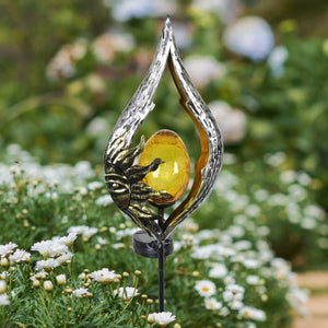 Sun on a Silver Teardrop Solar Garden Stake with Amber Glass Center, 8 by 38 Inches | Shop Garden Decor by Exhart