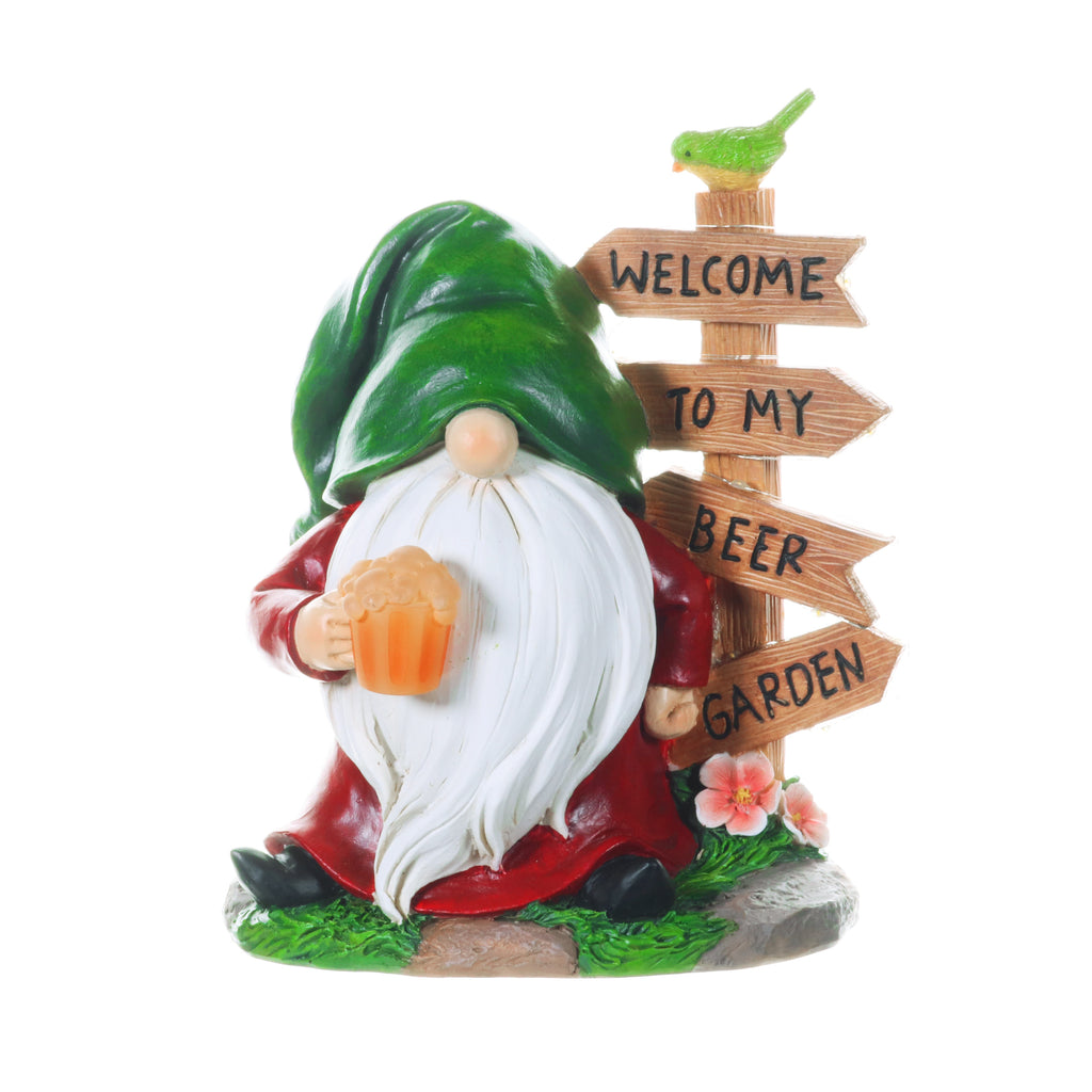 Solar Gnome with a Welcome to my Beer Garden Sign, 8 by 9.5 Inches