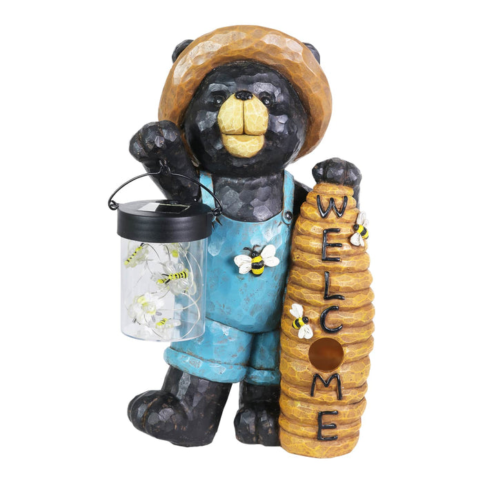 Solar Hand Painted Bear with a Lantern Jar of LED Bumblebees and a Welcome Beehive Garden Statue, 7.5 by 12.5 Inches
