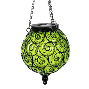 Solar Round Glass and Metal Hanging Lantern in Green with 15 Cool White LED Firefly String Lights, 7 by 21 Inches | Exhart