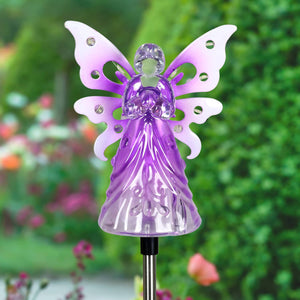 Solar Acrylic Angel with Wings and Twelve LED lights Metal Garden Stake in Purple, 4 by 34 Inches | Exhart