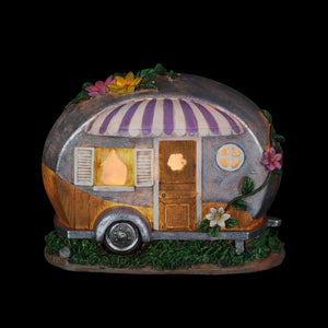 Solar Hand Painted Camping Trailer Statue with Lavender Awning, 5 by 6.5 Inches | Shop Garden Decor by Exhart