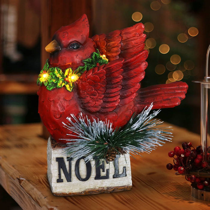 Hand Painted Christmas Cardinal with LED Garland on Noel Sign Statuary with a Battery Powered Timer, 8.5  Inch