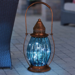 Solar Antique Metal and Sea Blue Glass Accent Lantern with Fifteen LED Firefly String Lights, 7 by 14 Inches | Exhart