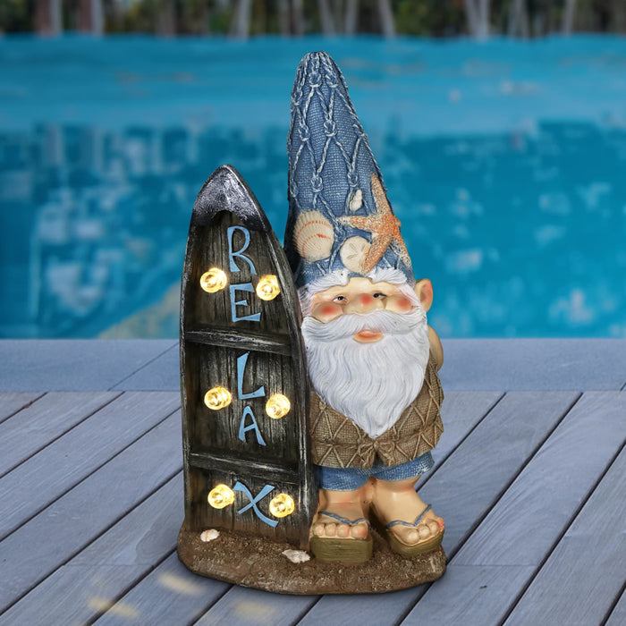 Solar Good Time Surfing Sol Beach Bum Gnome Garden Statue with Relax Marquee Surfboard Sign, 15.5 Inch