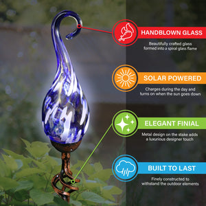 Solar Hand Blown Pearlized Blue Glass Spiral Flame Garden Stake with Metal Finial Detail, 36 Inch | Exhart