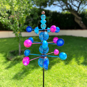 Three Tier Wind Spinner Garden Stake with Glass Crackle Balls in Blue, 14 by 48 Inches | Shop Garden Decor by Exhart