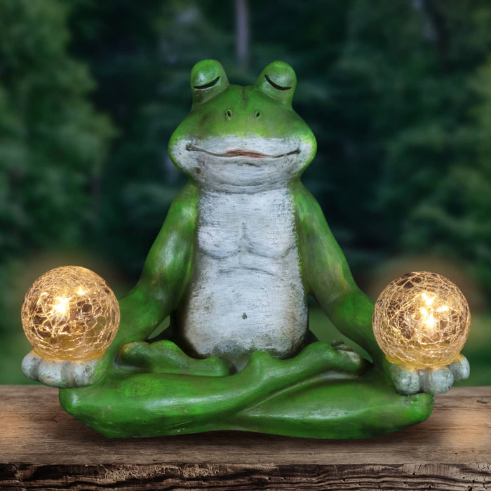 Solar Meditating Yoga Frog Holding Two Crackle Glass Balls Garden Statue, 6 by 9 Inches