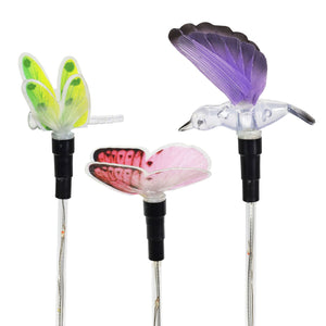 3 Piece Solar Color Changing Fiber Optic Butterfly, Hummingbird and Dragonfly Garden Stake Set, 4 by 16 Inches | Exhart