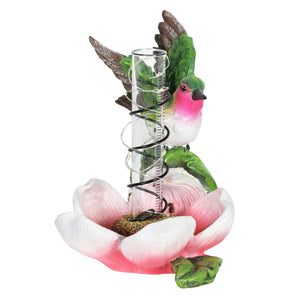 Solar Rain Gauge on Pink Flower with Hummingbird Garden Statuary, 7 Inch | Shop Garden Decor by Exhart
