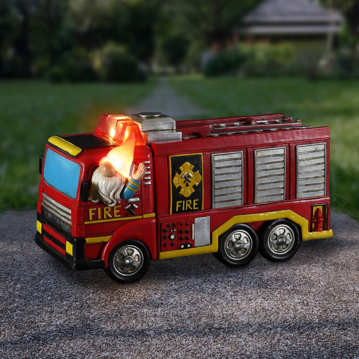 Solar Fire Truck Driving Gnome Garden Statue, 11.5 by 6.5 Inches