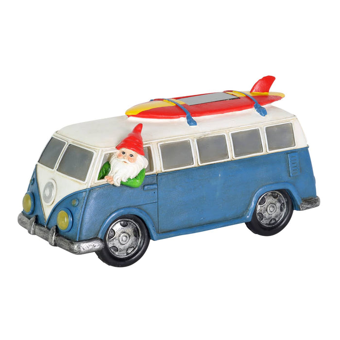 Solar Gnome in Blue Retro Van with LED Headlights and Surfboard Garden Statuary, 5.5 Inches tall
