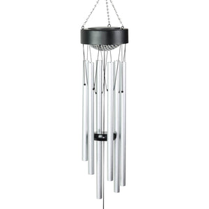 Solar Silver Wind Chime with Black Detailed Top and Round Dangling Charm, 5 x 5x 33.5 Inches | Shop Garden Decor by Exhart