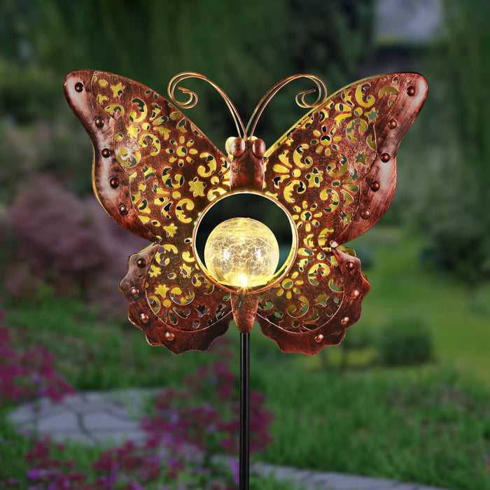 Solar Fleur de Lis Filigree Metal Butterfly Stake with Glass Crackle Ball Center in Bronze, 11.5 by 39 Inches