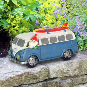 Solar Gnome in Blue Retro Van with LED Headlights and Surfboard Garden Statuary, 5.5 Inches tall | Shop Garden Decor by Exhart