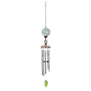 Solar Pearlized Light Blue Honeycomb Glass Ball Wind Chime with Metal Finial Detail, 5 by 46 Inches | Exhart