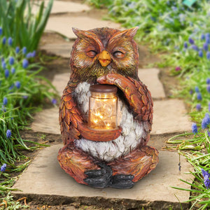 Solar Owl Garden Statue Holding a Glass Jar with Eight LED Firefly String Lights, 7 by 10 Inches | Shop Garden Decor by Exhart